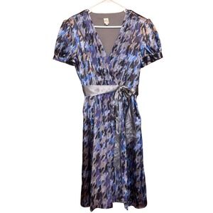 Sangria V Neck‎ Midi Dress Blue Purple Abstract Print Belted Women's Size 10